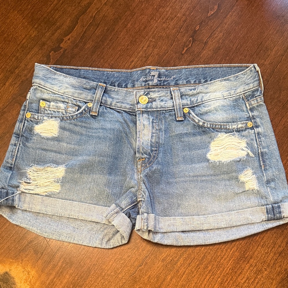 7 For All Mankind Distressed Light Blue Denim Jean Shorts